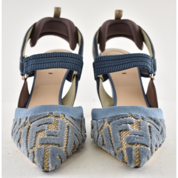 Fendi Colibri Lite 85mm Blue Velvet Beige FF Logo Pointed Slingback Heel Pump 39 - Picture 8 of 14